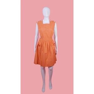 1940s-1950s Angelica Cotton Coral Pink Pinafore Uniform with Front Pockets. XS